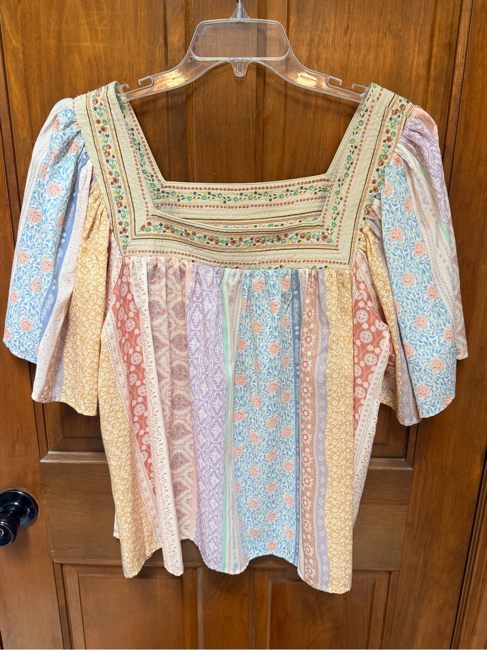 Embroidered Square-Neck Patchwork Blouse in Pastel Multi